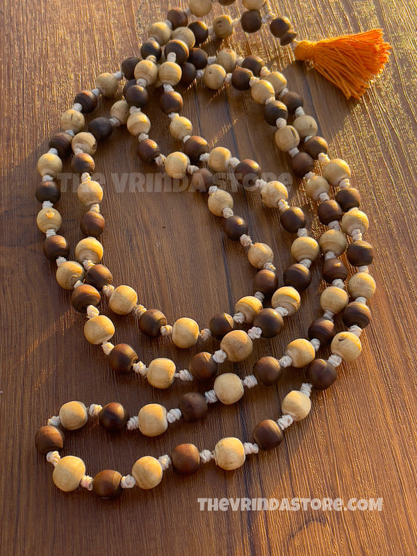 108+1 Brown & White Original Tulsi Mala The Vrinda Store - Original Tulsi Kanthi Mala Shop In Vrindavan