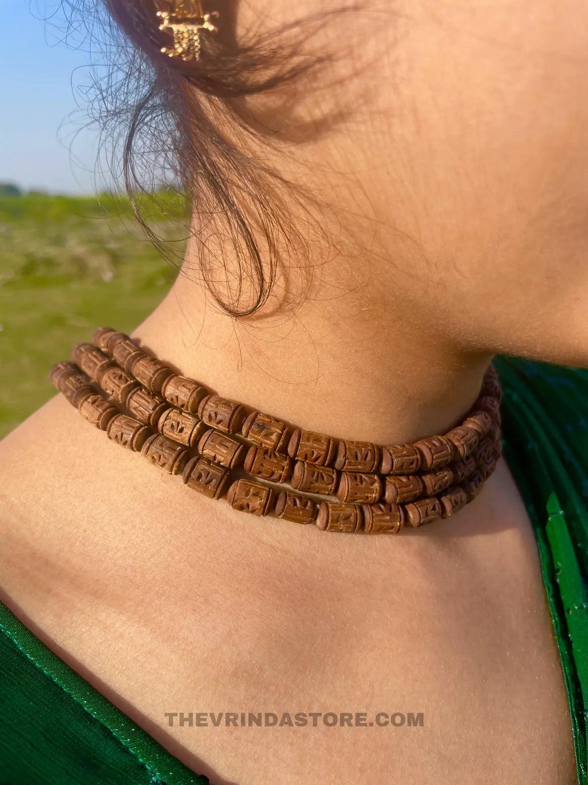 3 Round Radha Name Brown Original Tulsi Mala The Vrinda Store-Original Tulsi Kanthi Mala In Vrindavan