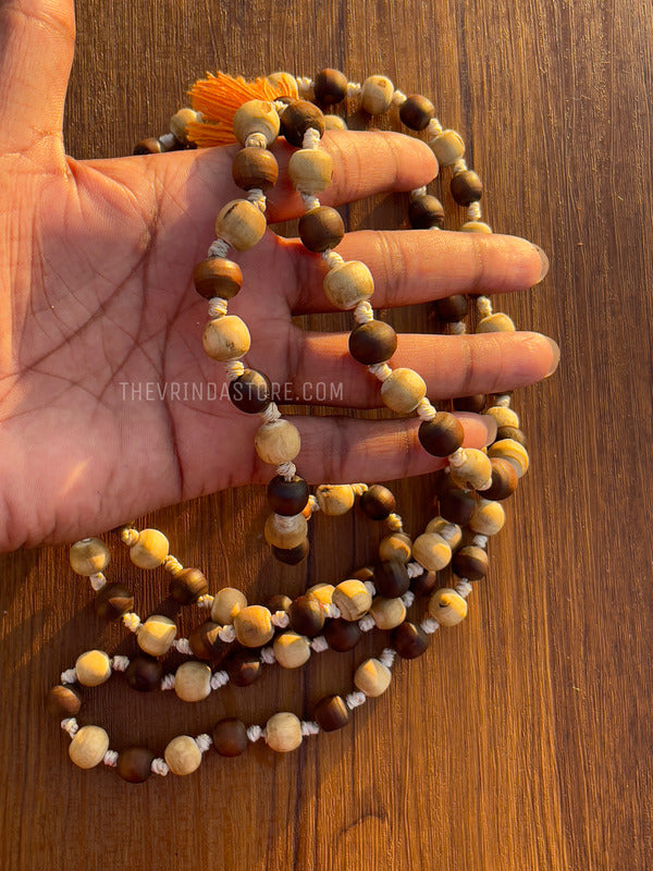108+1 Brown & White Original Tulsi Mala The Vrinda Store - Original Tulsi Kanthi Mala Shop In Vrindavan