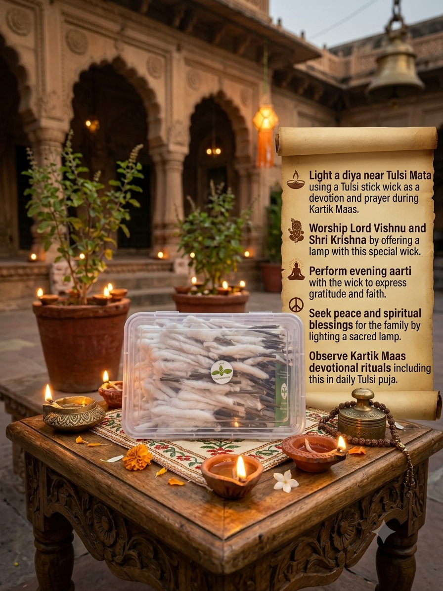 Tulsi Stick Cotton Wicks(specially For in Kartik Mass)- 100 sticks The Vrinda Store - Original Tulsi Kanthi Mala Shop In Vrindavan