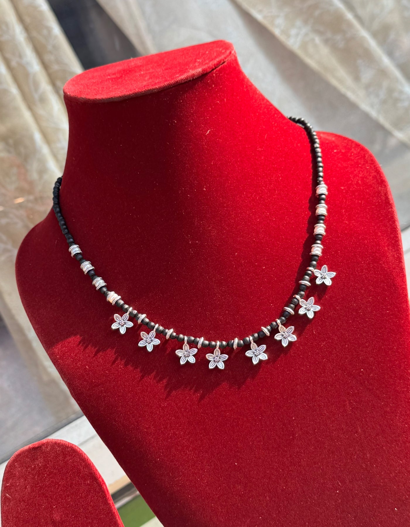 100% Original Black Tulsi Mala- A Beautiful Combination Of Flower Style German Silver+Pearls The Vrinda Store - Original Tulsi Kanthi Mala Shop In Vrindavan
