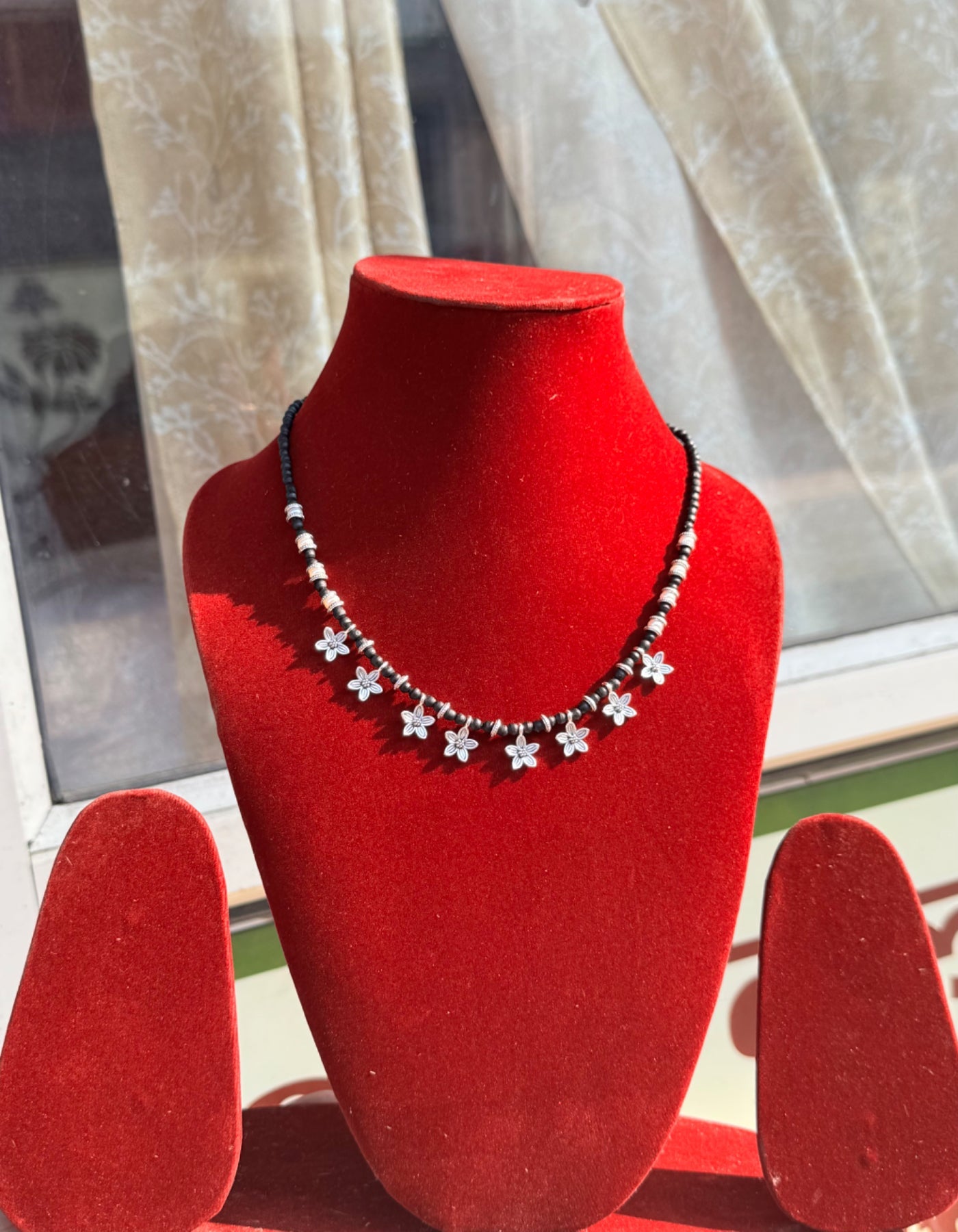 100% Original Black Tulsi Mala- A Beautiful Combination Of Flower Style German Silver+Pearls The Vrinda Store - Original Tulsi Kanthi Mala Shop In Vrindavan